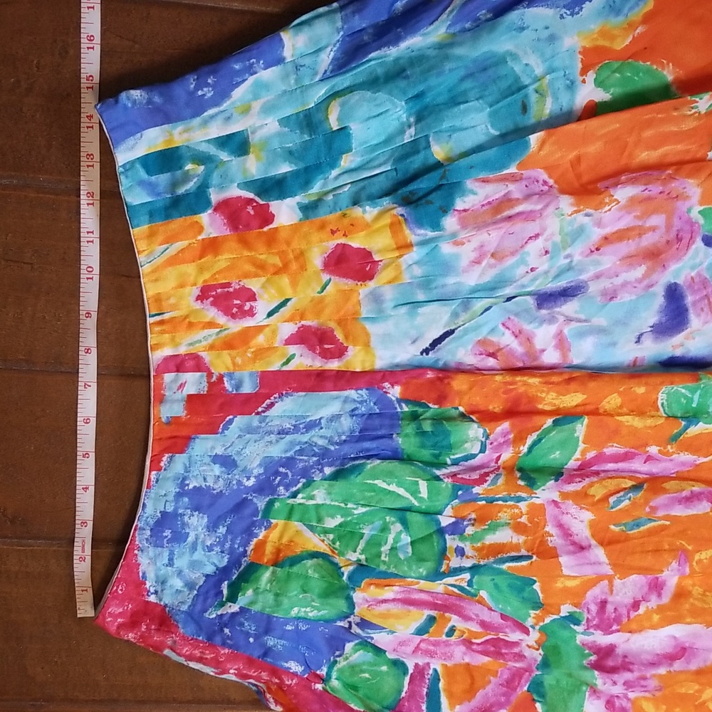 Lauren Ralph Lauren Watercolor Print Skirt Orange Teal Yellow Pleated Waist - Picture 9 of 12